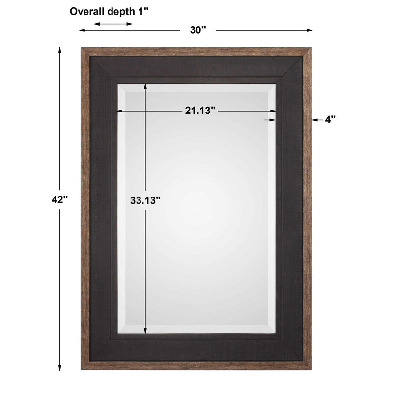 Uttermost Staveley rustic black wall mirror with a textured wooden frame, ideal for modern or farmhouse decor styles.