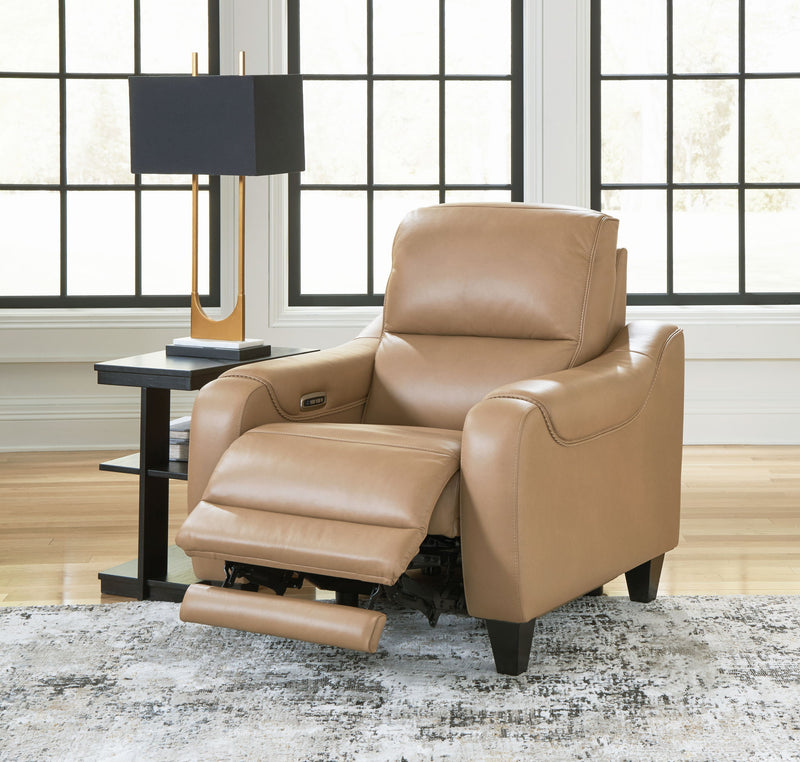 Ashley Mosswell power recliner with adjustable headrest in toffee, showing plush upholstery and modern reclining features.