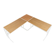 Lumi Source Roman industrial L-shaped corner desk in white and natural wood finish, showcasing the modern workspace design.