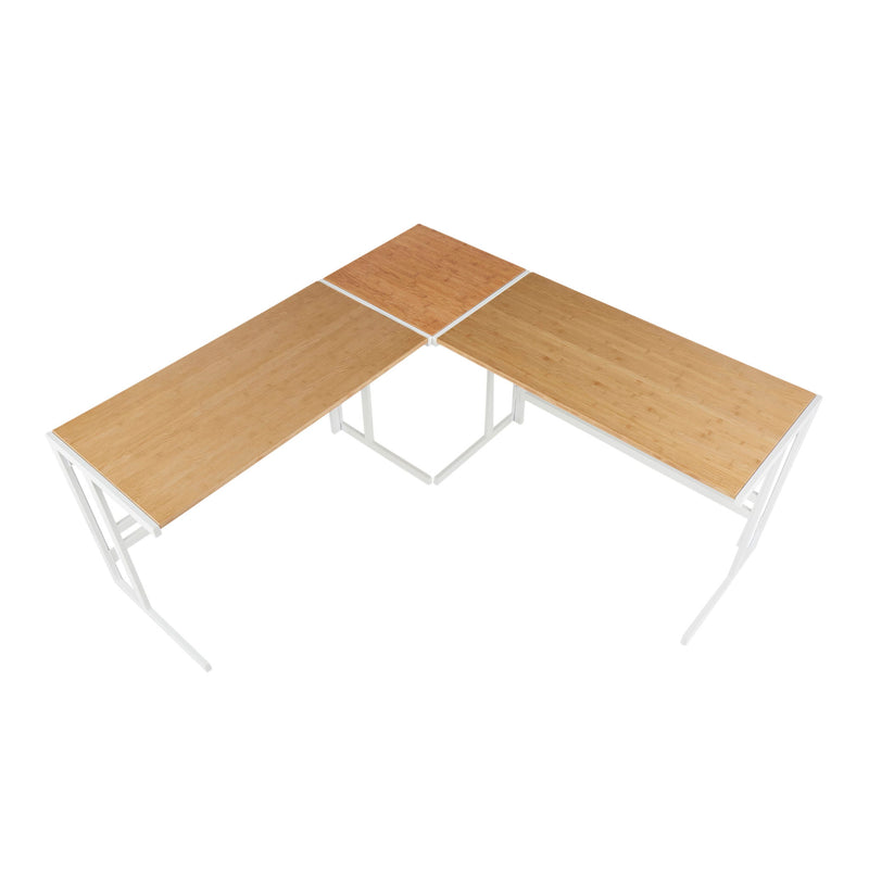 Lumi Source Roman industrial L-shaped corner desk in white and natural wood finish, showcasing the modern workspace design.