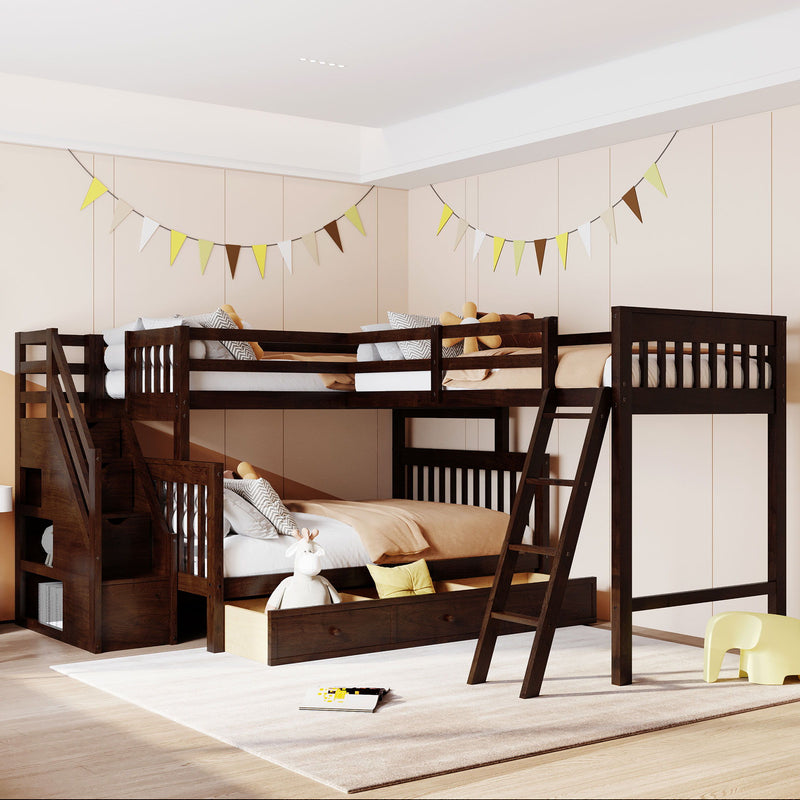 Solid L Shaped Bunk Bed With 3 Drawers, Ladder And Staircase - R&R Furniture Gallery (Fountain Valley, CA)