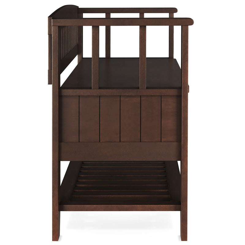 Simpli-Home Acadian entryway storage bench with shelf in brown wood finish, featuring a cushioned seat and open lower shelf for organization.