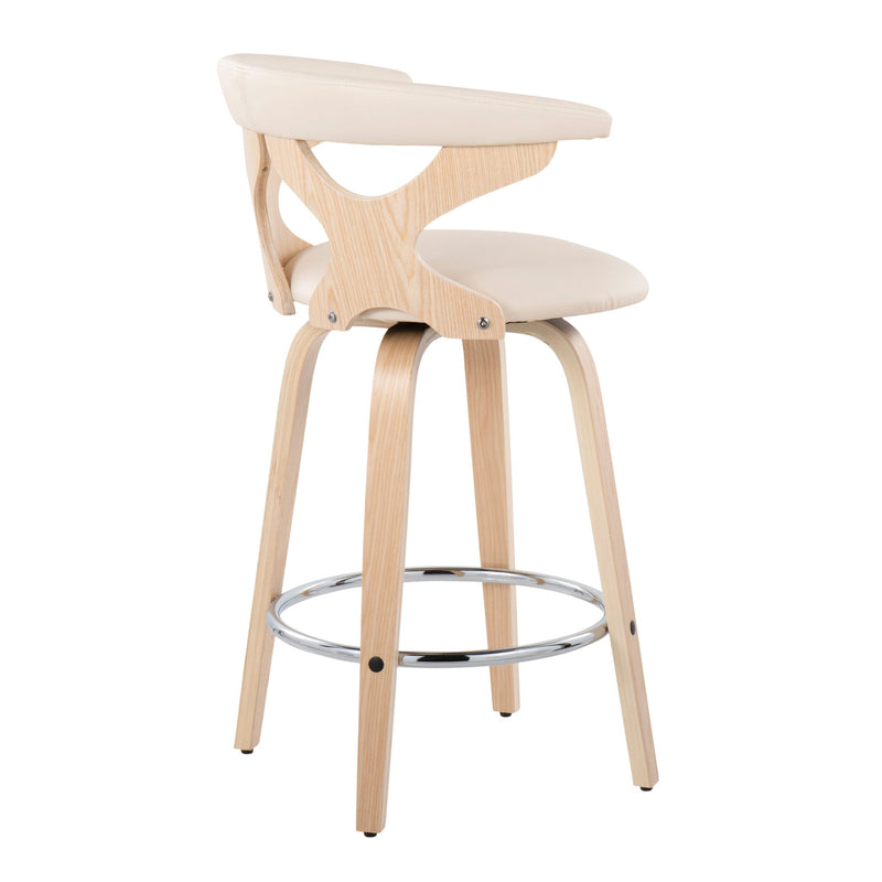 Set of two Lumi Source Gardenia mid-century modern fixed height counter stools with swivel seats, featuring sleek wooden legs and padded seats.