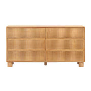 Natural-colored Miles 6-drawer dresser by TOV Furniture with sleek wooden drawers and modern design, showcased in a stylish bedroom setting.
