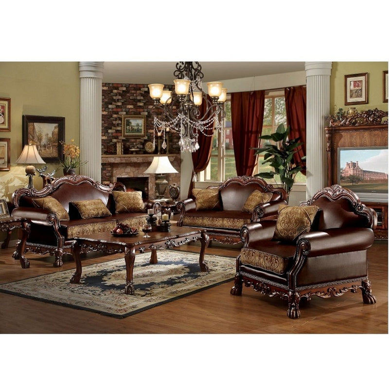 Dresden - Loveseat With 2 Pillows - Brown Synthetic Leather & Chenille, Cherry Oak - R&R Furniture Gallery (Fountain Valley, CA)