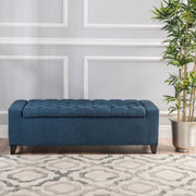 Noble House Guernsey storage ottoman with tufted top and wooden legs, versatile ottoman for living room or bedroom.