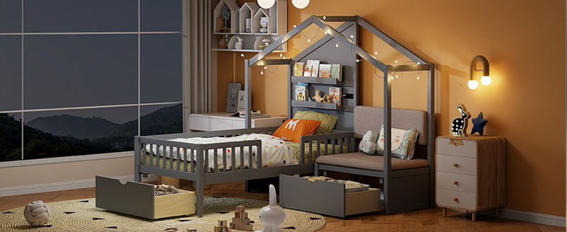 House Bed With Upholstered Sofa, Wireless Charging Station, Shelves And 2 Drawers - R&R Furniture Gallery (Fountain Valley, CA)