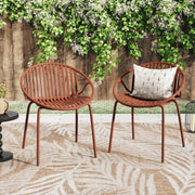 Set of two Noble House outdoor stackable chairs with breathable plastic backrests and metal frames for patio seating.