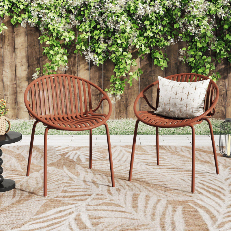 Set of two Noble House outdoor stackable chairs with breathable plastic backrests and metal frames for patio seating.