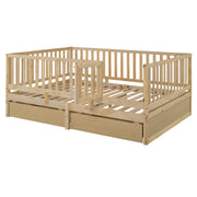DreamHaus storage daybed with fence guardrails, two drawers, convertible into a floor bed and daybed, shown in a modern bedroom setting.
