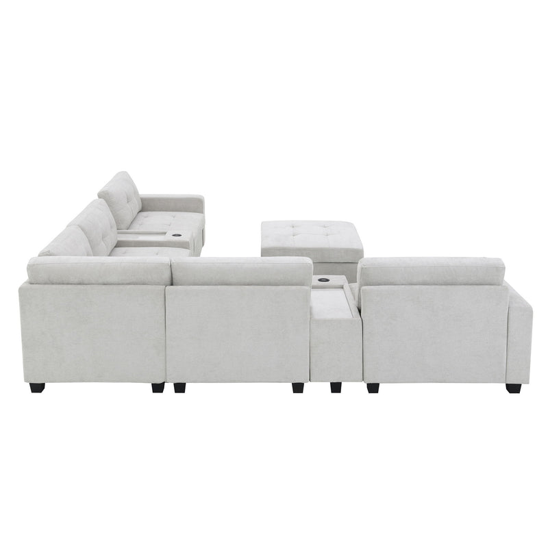 Sectional With Acrylic Table Top U Shaped Couch Set With 2 Consoles USB Charger, Storage Drawers And Pockets Movable Ottoman Tufted Sofa - R&R Furniture Gallery (Fountain Valley, CA)