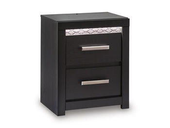 Black Shoralli two-drawer nightstand with built-in charging station, from Signature Design by Ashley, featuring modern wood finish and sleek design.