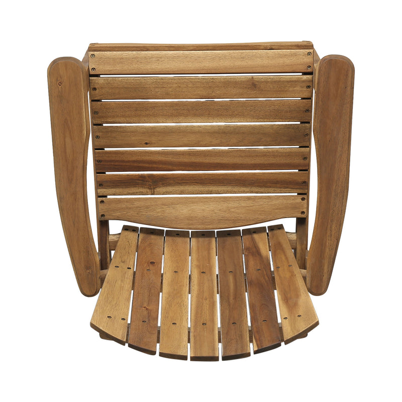 Set of two Noble House outdoor weather-resistant acacia wood Adirondack dining chairs with wide armrests and slatted backs.