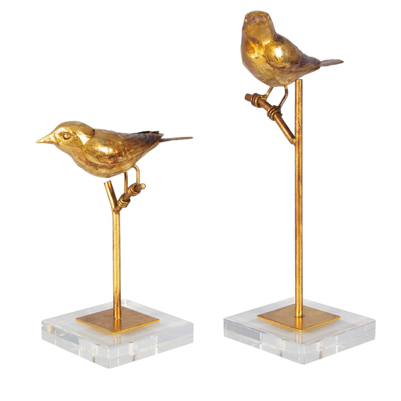 Light brown bird sculptures set of 2 by Uttermost, detailed passerine bird figurines for home decor.