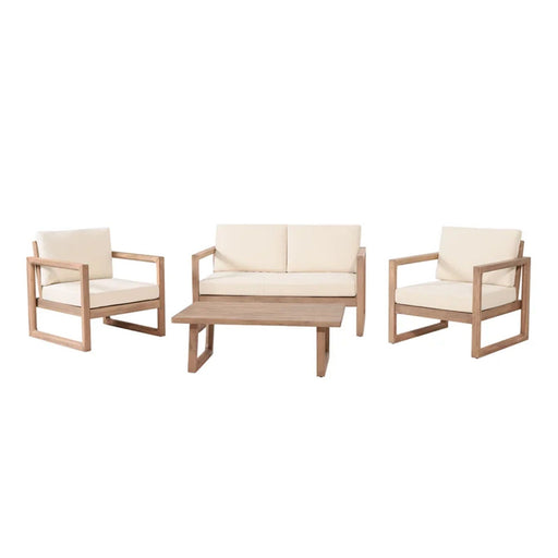 Noble House 4-piece acacia wood outdoor patio furniture set with beige cushions, includes chairs and coffee table for porch or backyard.