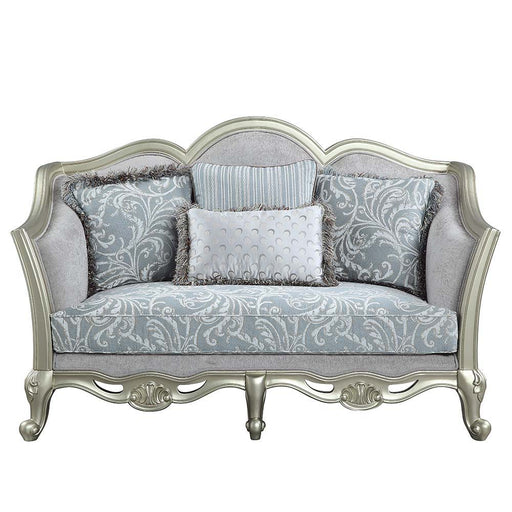 Qunsia - Loveseat With 4 Pillows - Light Gray Linen & Champagne - R&R Furniture Gallery (Fountain Valley, CA)