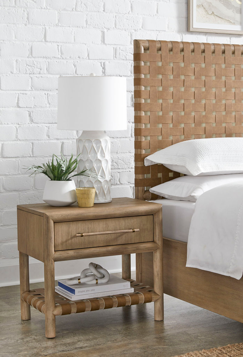 Modus Dorsey nightstand in Granola with single drawer and built-in USB charging port, featuring a sleek standalone design.