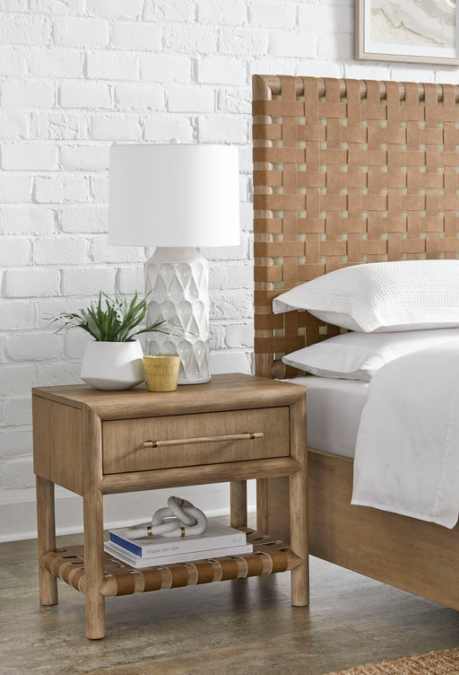 Modus Dorsey nightstand in Granola with single drawer and built-in USB charging port, featuring a sleek standalone design.