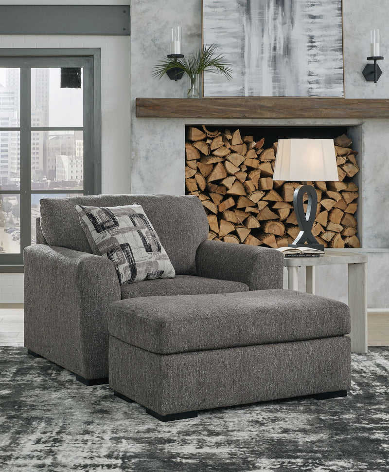 Signature Design by Ashley Pewter chair and a half with matching ottoman, stationary furniture set with plush upholstery and modern style.