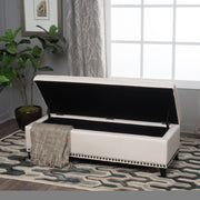 Beige upholstered storage ottoman with nailhead trim by Noble House, featuring a soft cushioned top and functional interior storage.
