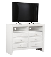 Glory Furniture Marilla media chest with wood finish and multiple storage drawers, ideal for living room entertainment setup.