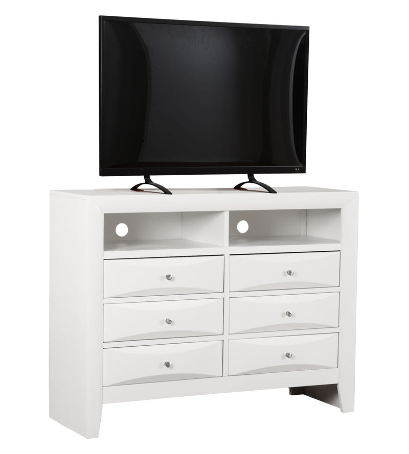 Glory Furniture Marilla media chest with wood finish and multiple storage drawers, ideal for living room entertainment setup.