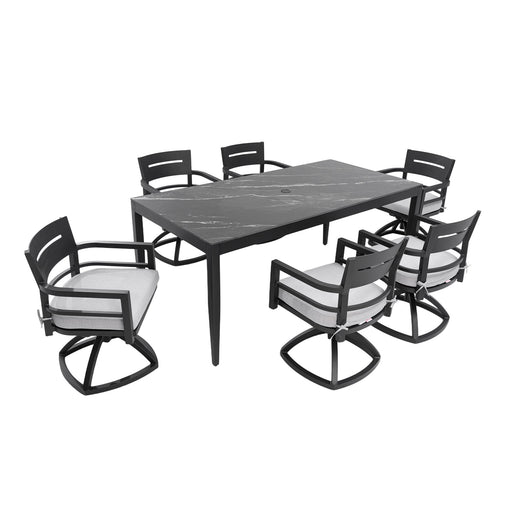 Life Outside 7-piece outdoor patio dining set with table, chairs, and Sunbrella cushions, perfect for outdoor dining and relaxation.