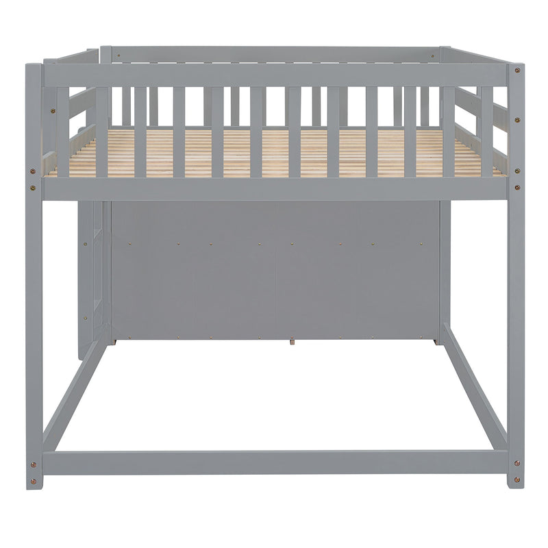 DreamHaus bunk bed with built-in four drawers and three shelves, featuring a sturdy wooden frame and space-saving design.