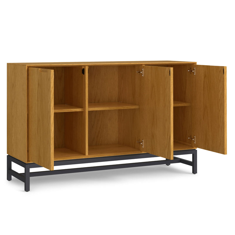Simpli-Home Banting solid wood sideboard buffet with metal frame, modern industrial design for dining room storage.