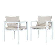 Set of two Noble House all-weather outdoor dining chairs with metal frames and woven rattan seats, ideal for patio dining.