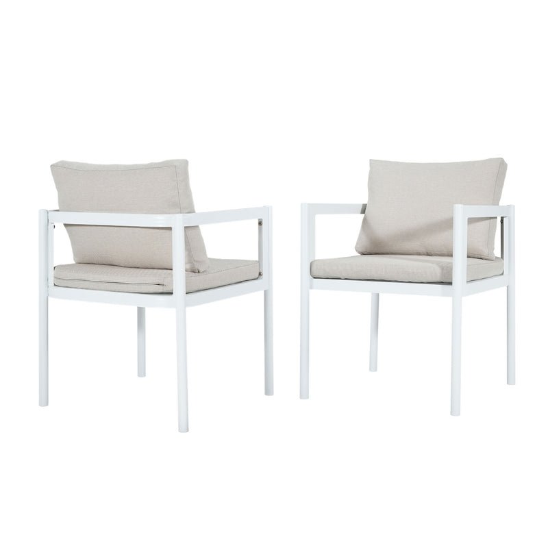 Set of two Noble House all-weather outdoor dining chairs with metal frames and woven rattan seats, ideal for patio dining.