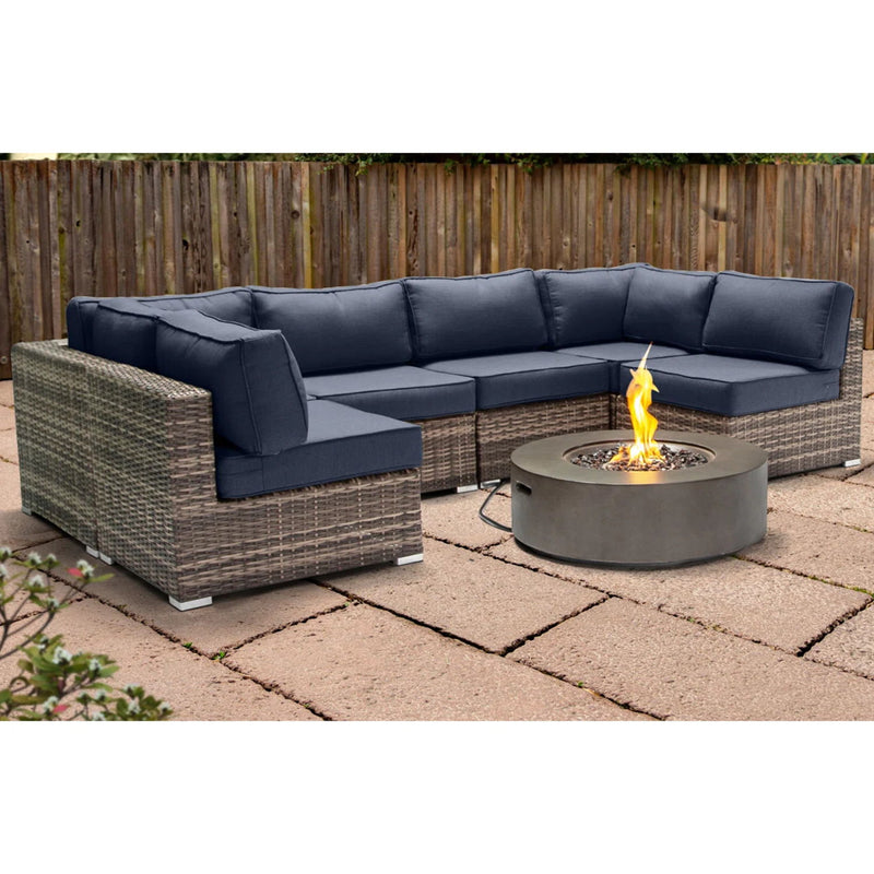Outdoor 7 Piece Sectional Seating Group With Cushions And Fire Pit - Gray / Navy - R&R Furniture Gallery (Fountain Valley, CA)