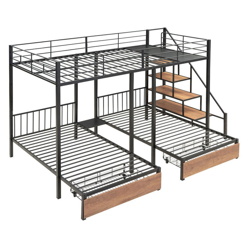 Full Over Twin-Twin Triple Bunk Bed With Drawers And Staircase - Black - R&R Furniture Gallery (Fountain Valley, CA)