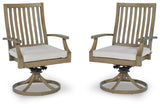 Set of two brown and beige swivel chairs with cushions from Signature Design by Ashley Rainier Ranch collection.