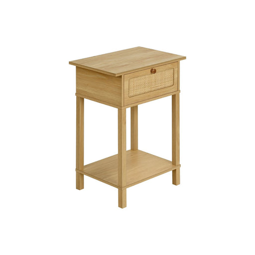 8th Street natural wood accent table with storage drawer and two-tier design, ideal for living room or bedroom use