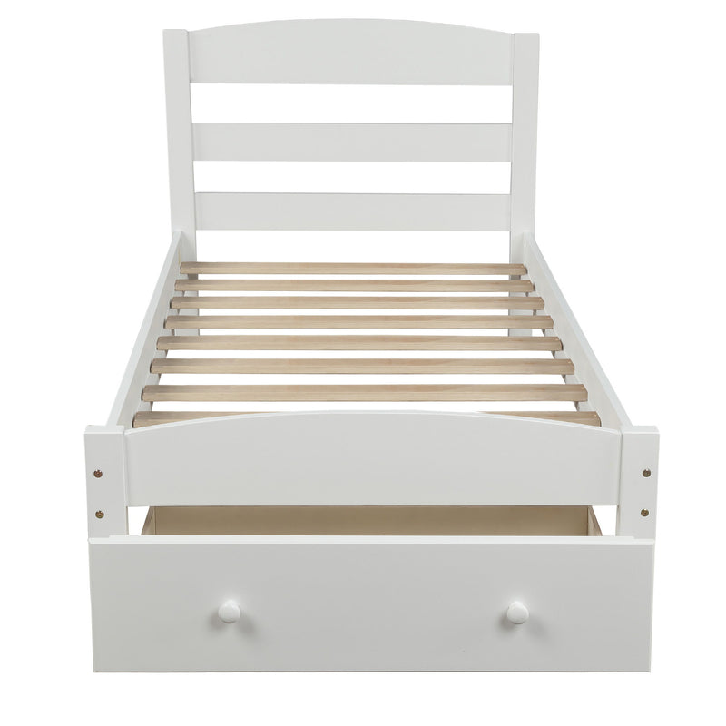 DreamHaus storage platform bed frame with built-in drawers and wood slat support, no box spring needed, modern bedroom furniture.