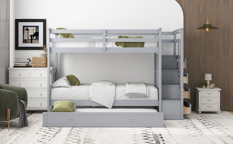 DreamHaus bunk bed with staircase and trundle, featuring sturdy construction and space-saving design for kids' bedroom.