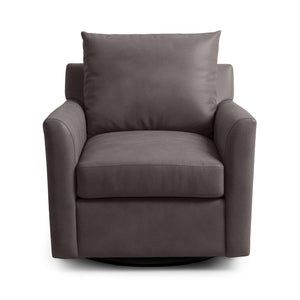 Classic Home Olivia swivel chair with plush fabric upholstery and a modern design, shown from a side angle.