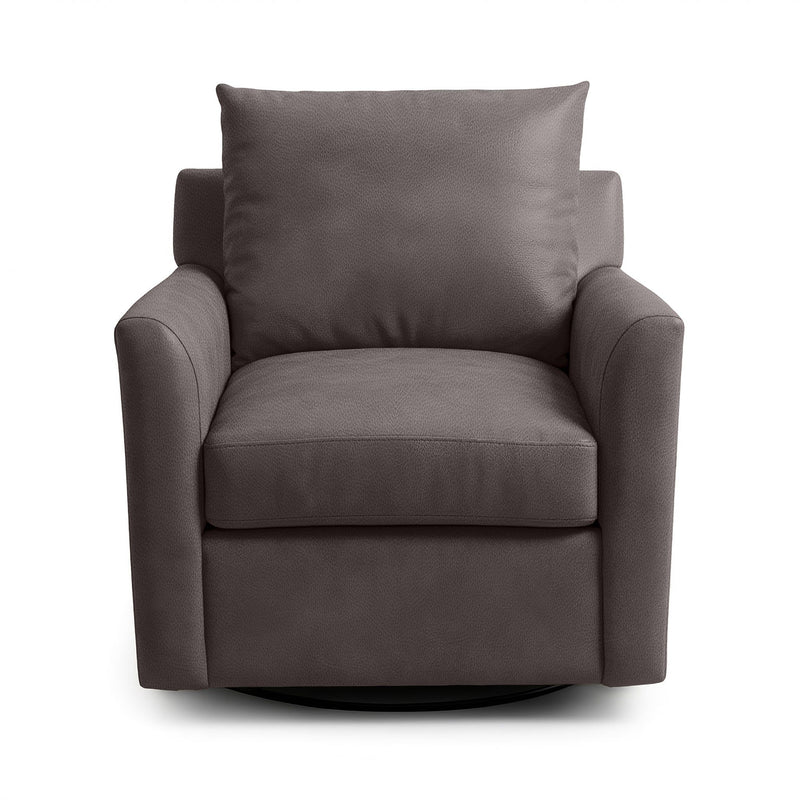 Classic Home Olivia swivel chair with plush fabric upholstery and a modern design, shown from a side angle.