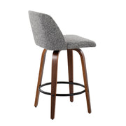 Lumi Source Toriano mid-century modern counter stool set with wooden legs and cushioned seats, ideal for kitchen or bar area.