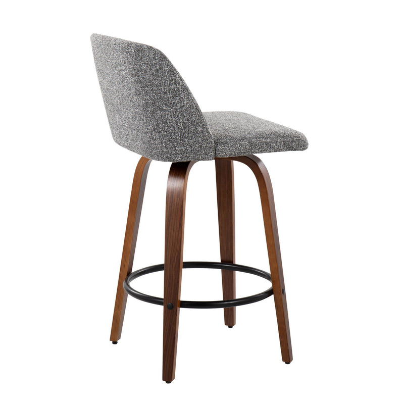 Lumi Source Toriano mid-century modern counter stool set with wooden legs and cushioned seats, ideal for kitchen or bar area.