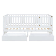 DreamHaus storage daybed with fence guardrails, two drawers, and convertible design for floor bed or daybed use.