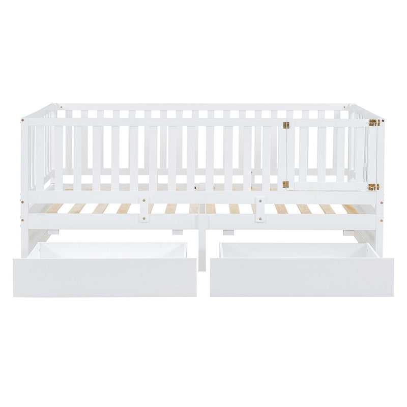 DreamHaus storage daybed with fence guardrails, two drawers, and convertible design for floor bed or daybed use.