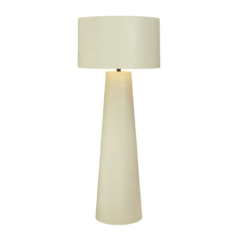 Cream Yala Papier Mache Floor Lamp by TOV Furniture with a textured, rounded base and tall, slender design for modern lighting.