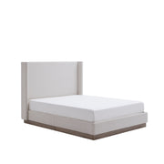 Hosford minimalist upholstered wingback bed with wood base platform, showcasing a modern, padded headboard and sleek design.