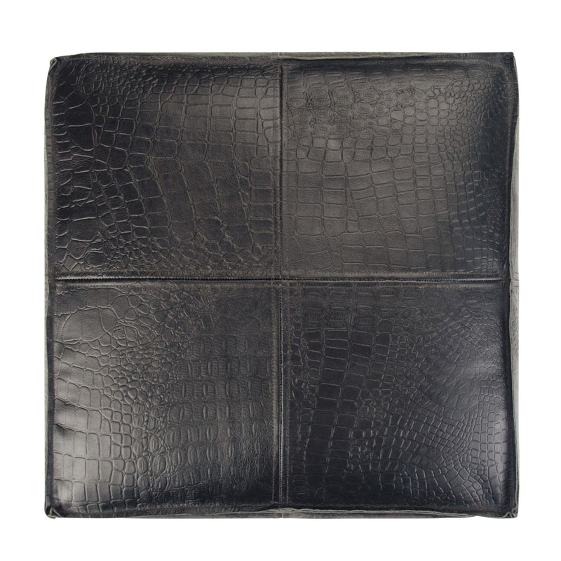 Black Bowen square pouf by Simpli-Home, accent furniture piece with a modern, cushioned design for versatile seating or decor.