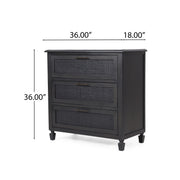 Dark gray Newell Cane 3 drawer dresser by Noble House, an accent chest with cane details and modern design.
