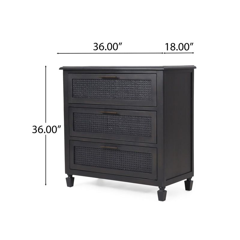 Dark gray Newell Cane 3 drawer dresser by Noble House, an accent chest with cane details and modern design.