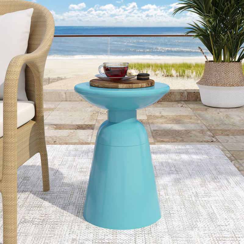 Noble House outdoor modern metal end table with a large round surface and sleek design for patio or garden use.