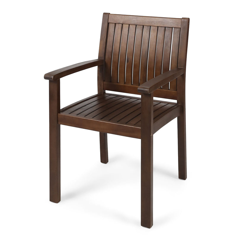 Pair of Wilson rustic dining chairs by Noble House with acacia wood and slat panel design in dark brown.